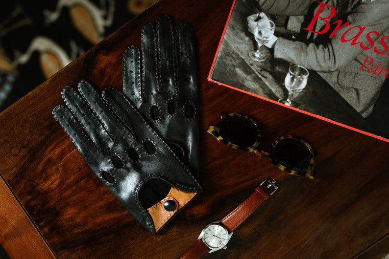 Mens Black&Camel Genuine Leather Driving Gloves