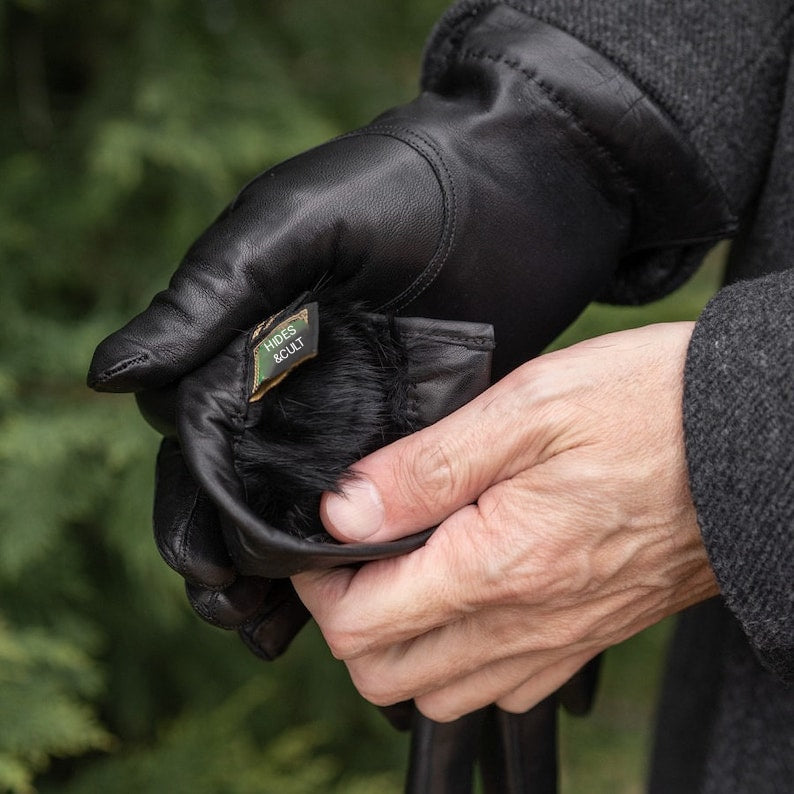Mens Black Rabbit Furr Lined Genuine Leather Gloves