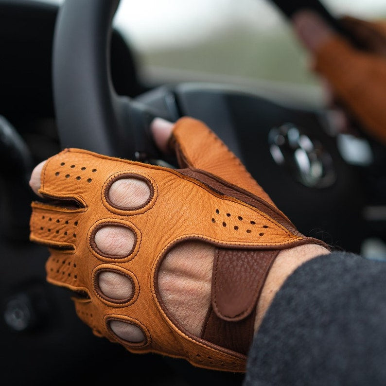 Mens Cognac Brown Fingerless Gloves in Sheep Leather
