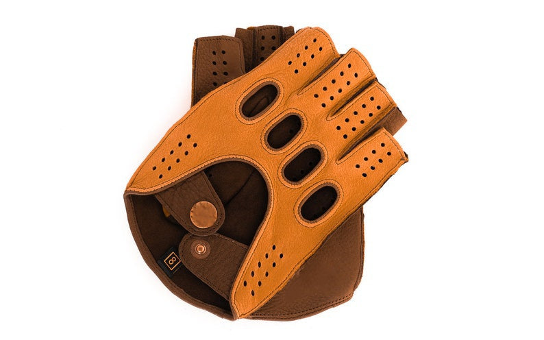 Mens Cognac Brown Fingerless Gloves in Sheep Leather