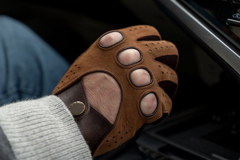 Mens Brown Suede - Nappa Leather Driving Gloves
