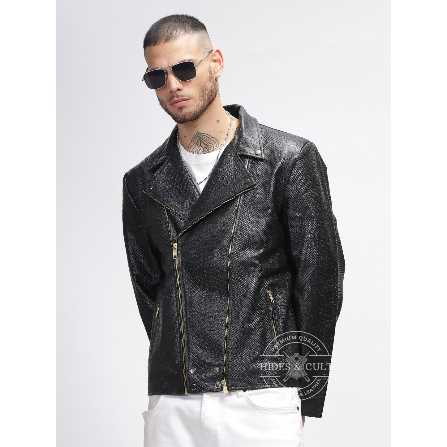 Mens Black Python Embossed Effect Motorcycle Biker Genuine Leather Jacket