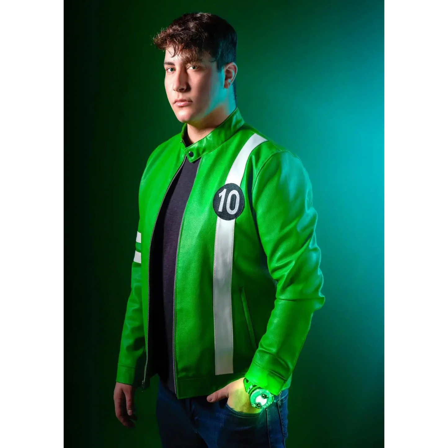 Men's Ben 10 Inspired Leather Jacket worn by model β Stylish leather jacket with iconic Ben 10 design, perfect for casual outings and fan-inspired fashion.