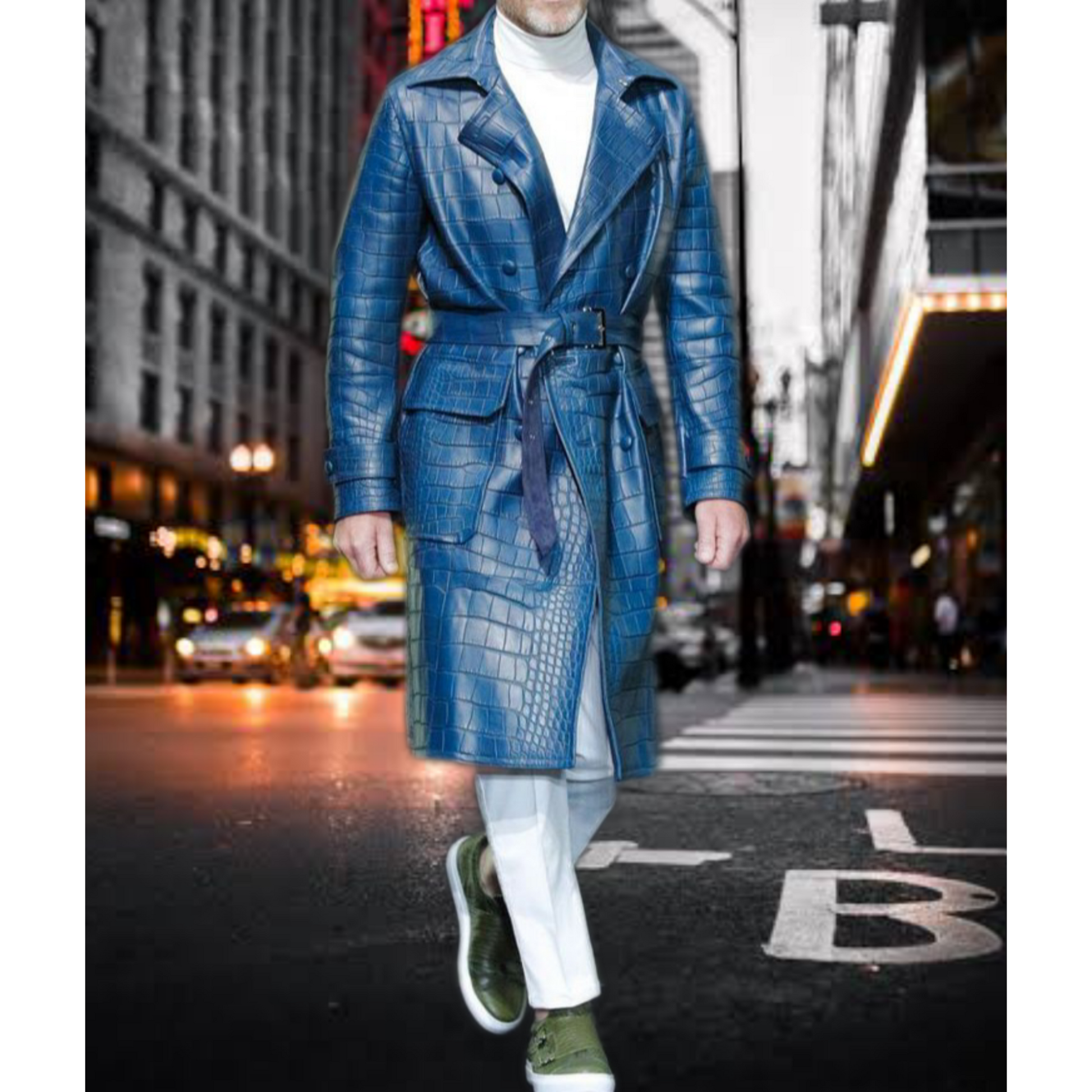 Men's Blue Croc Embossed Effect Belted Real Leather Trench Coat β Stylish and Premium Quality Leather Coat with Croc Texture and Belt for Men