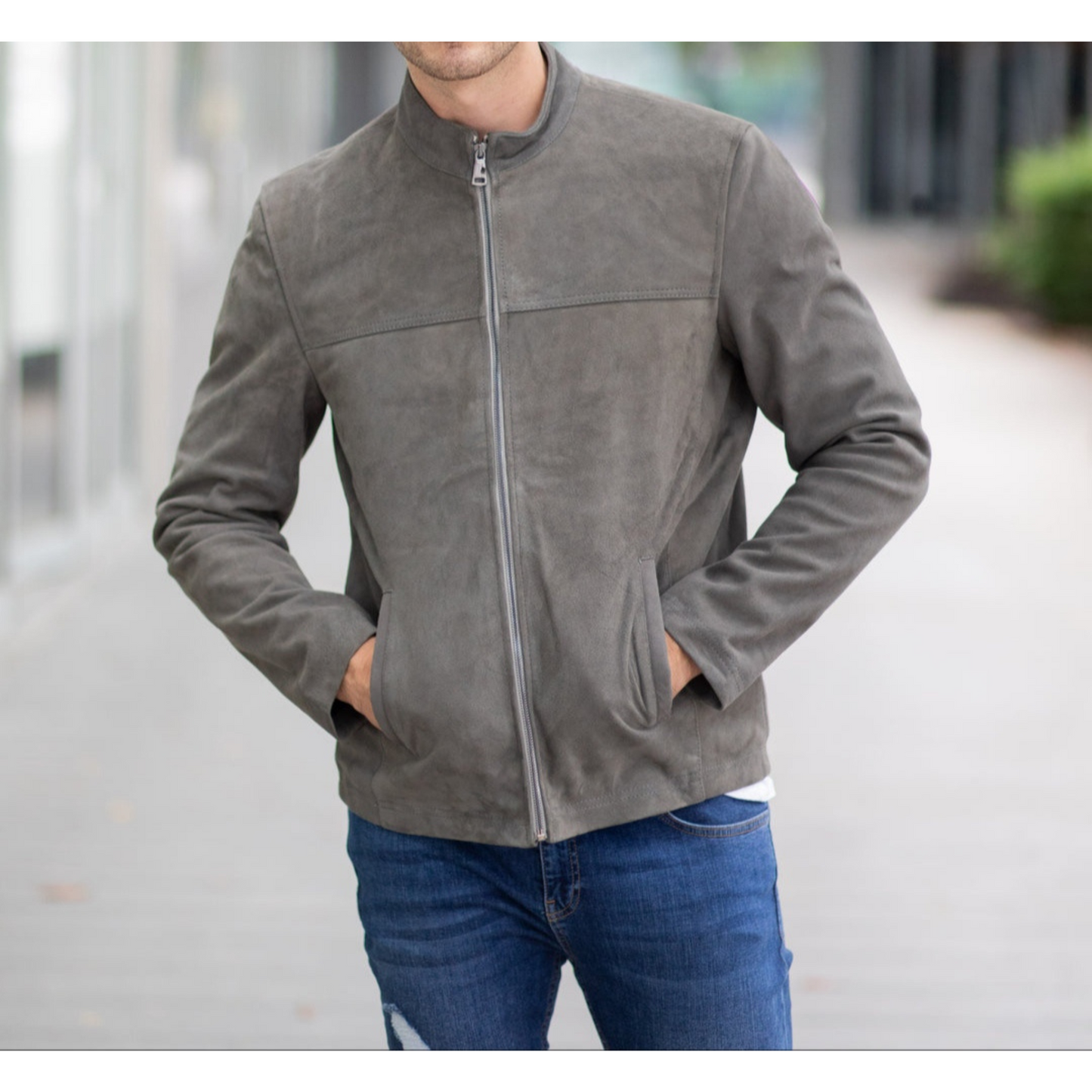 Men's Grey Suede Tailored Genuine Leather Jacket front detailed image
