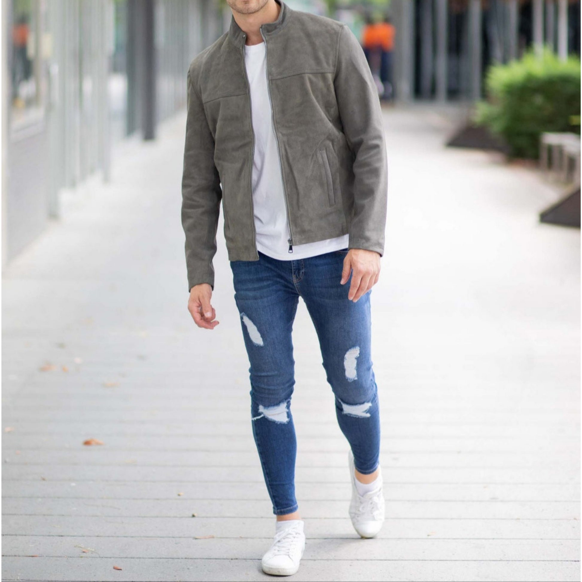 Men's Grey Suede Tailored Genuine Leather Jacket front image