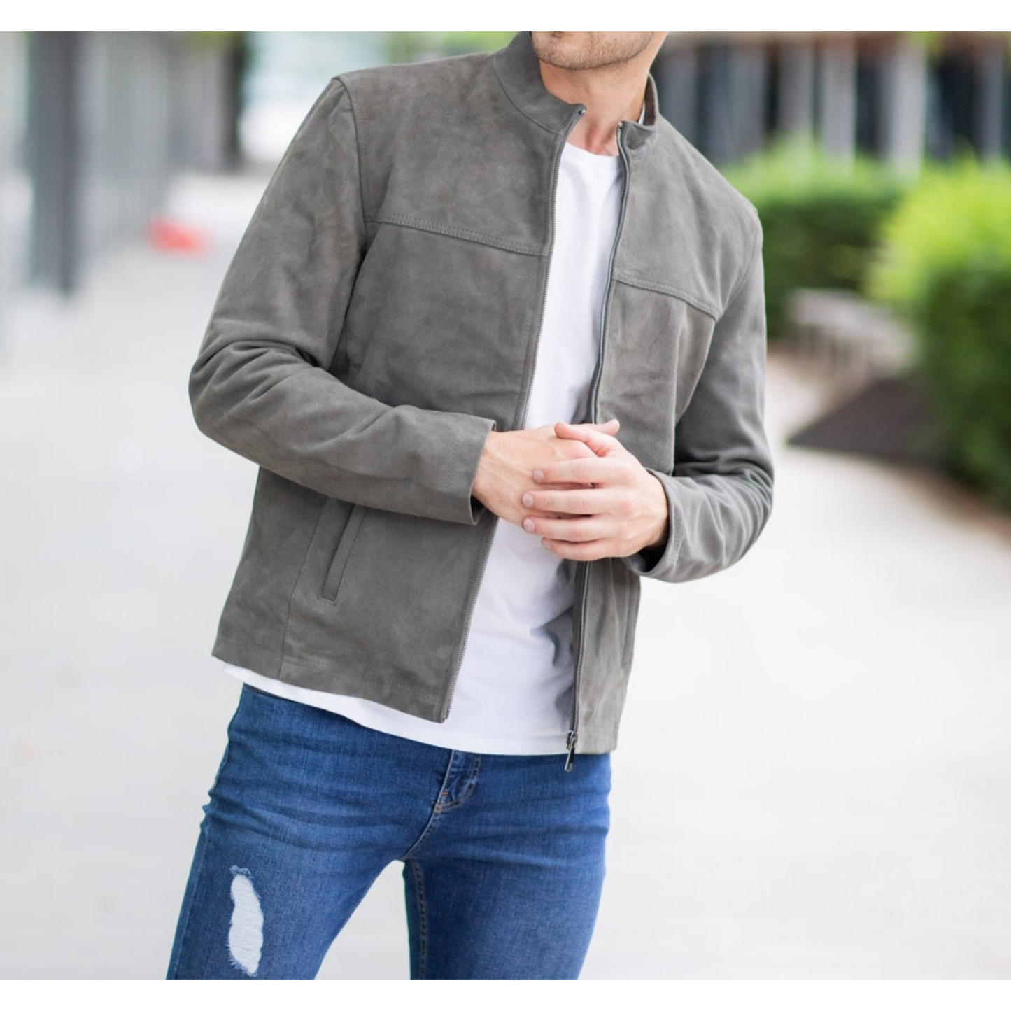 Men's Grey Suede Tailored Genuine Leather Jacket front open zipped image