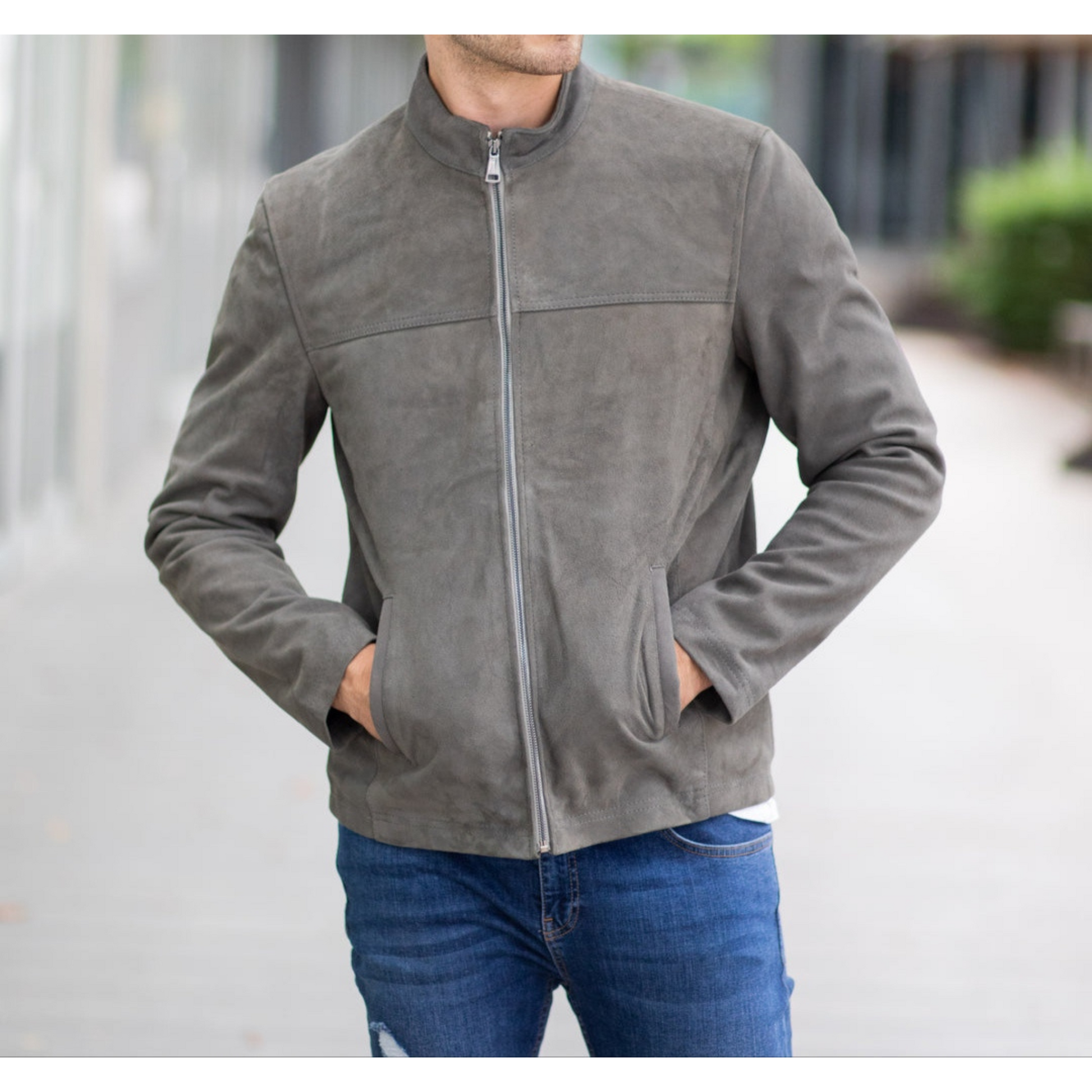 Men's Grey Suede Tailored Genuine Leather Jacket front zipped  image