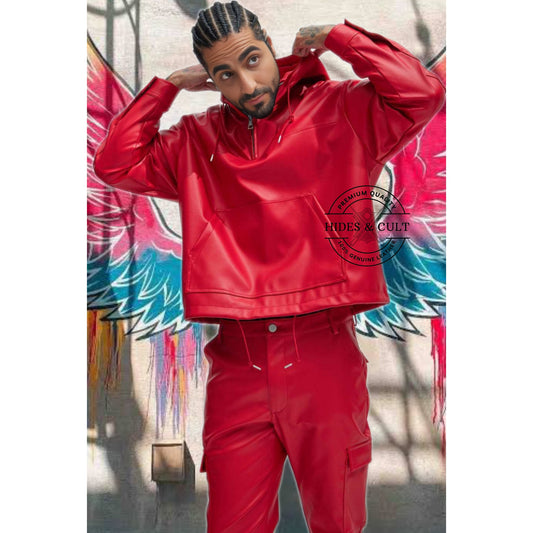 Men's Hides & Cult red genuine leather pullover hoodie. Model standing, front view, showcasing the urban streetwear style.