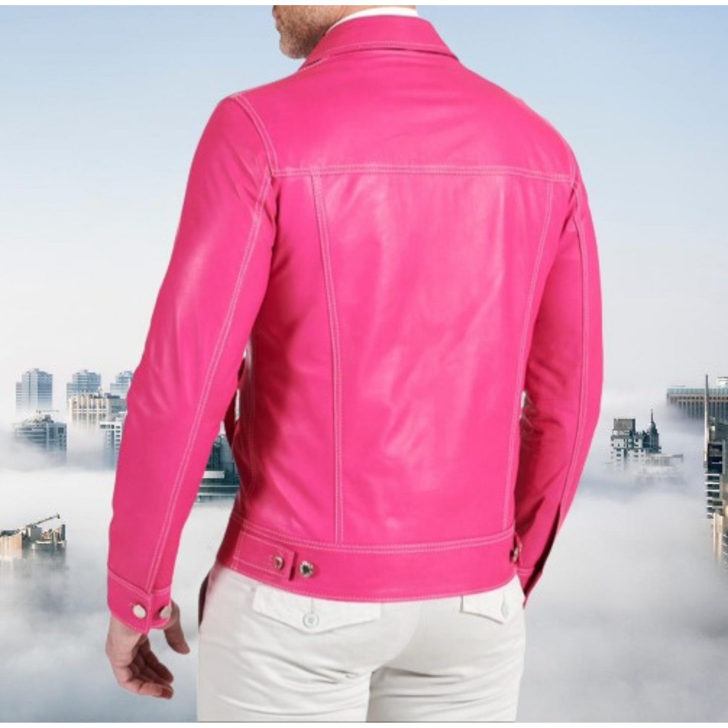 Men's Pink leather trucker jacket, back view, showcasing clean design and prominent white contrast stitching.