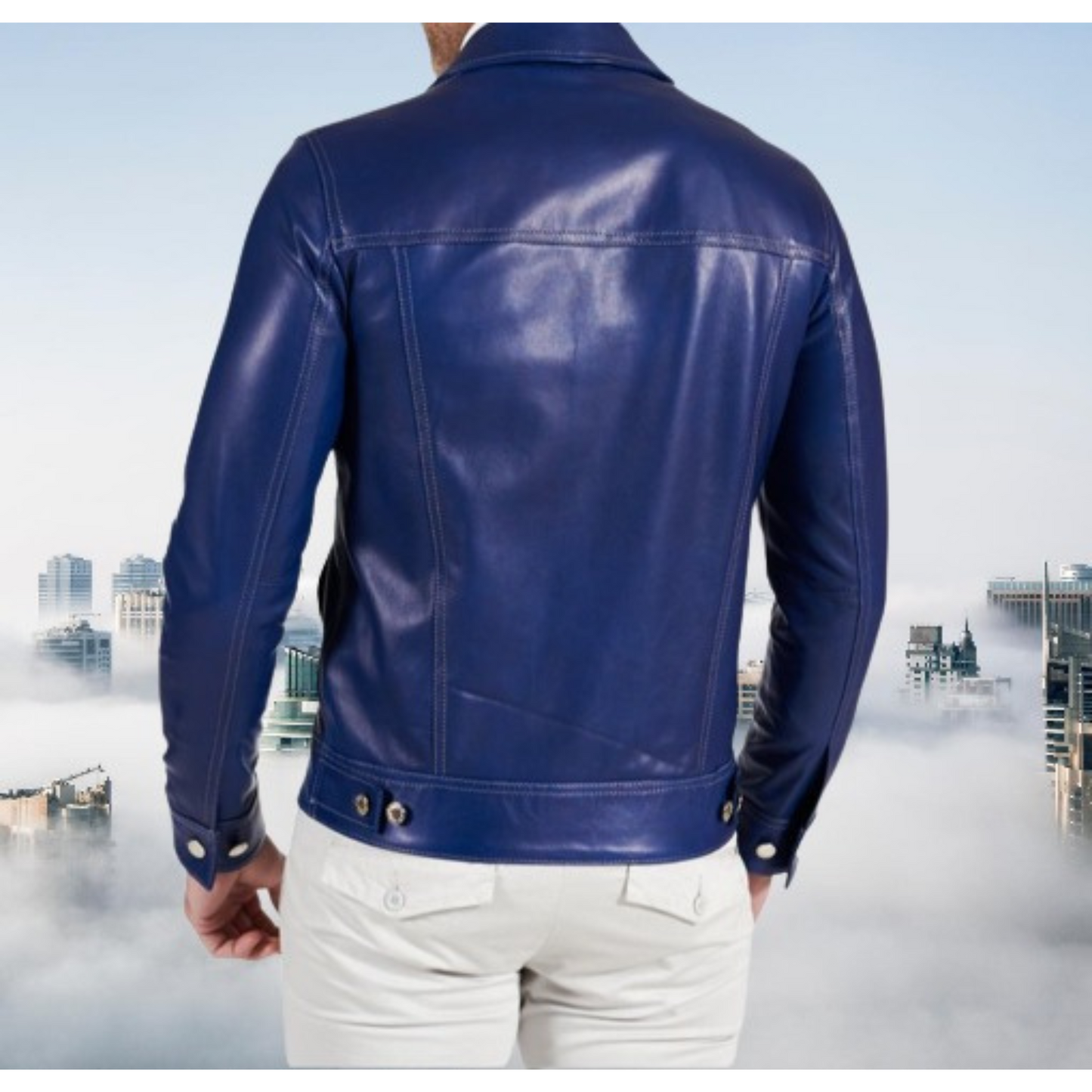 Men's Royal blue leather trucker jacket, back view, showcasing clean design and prominent white contrast stitching.