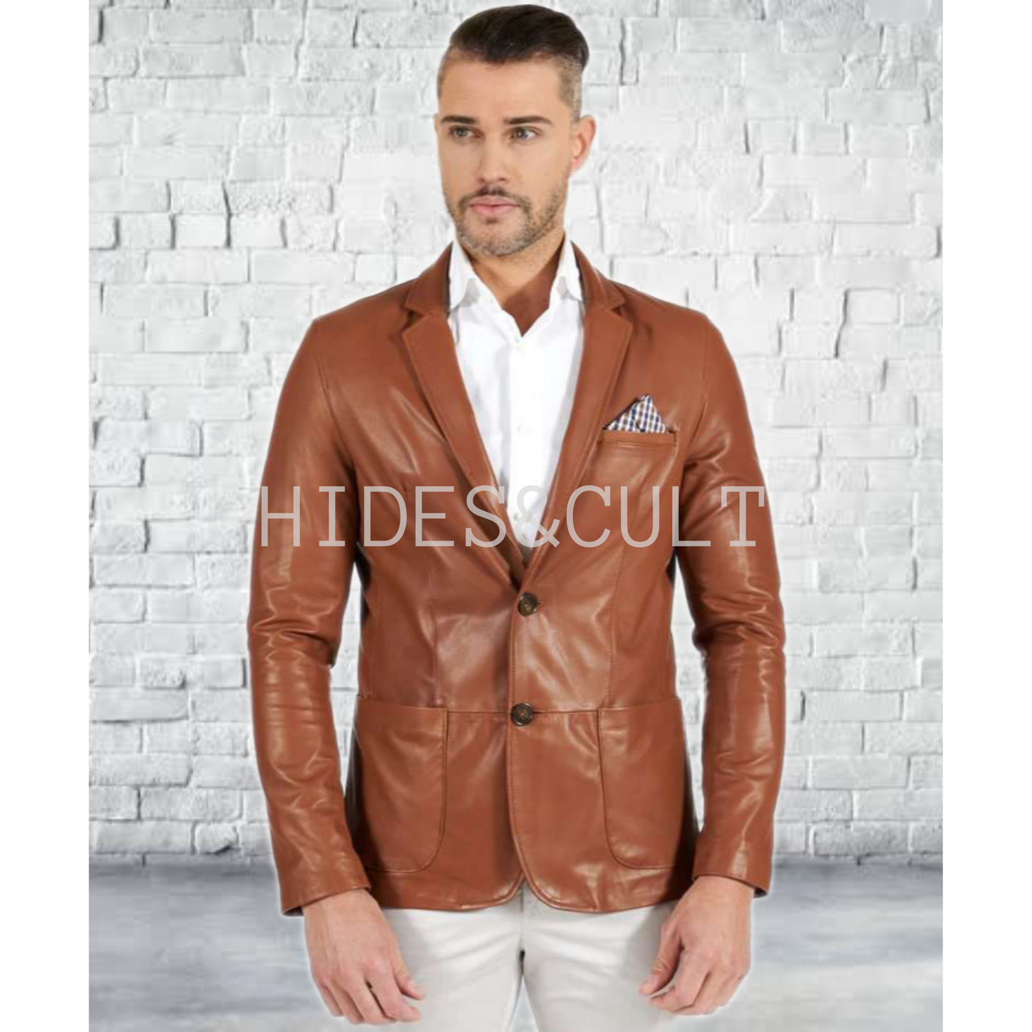 Men's Tan Brown Slim Fit Business Leather Blazer worn with front buttons closed