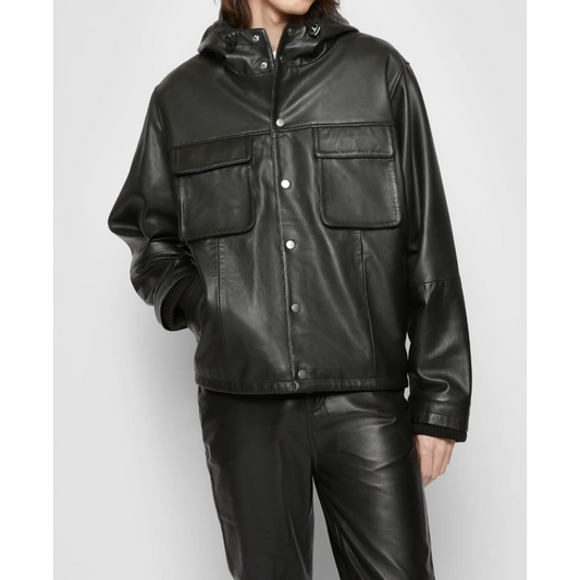 Men's black bomber style hooded genuine leather sweatshirt worn by model, offering a modern, stylish look with premium leather craftsmanship – Hides & Cult