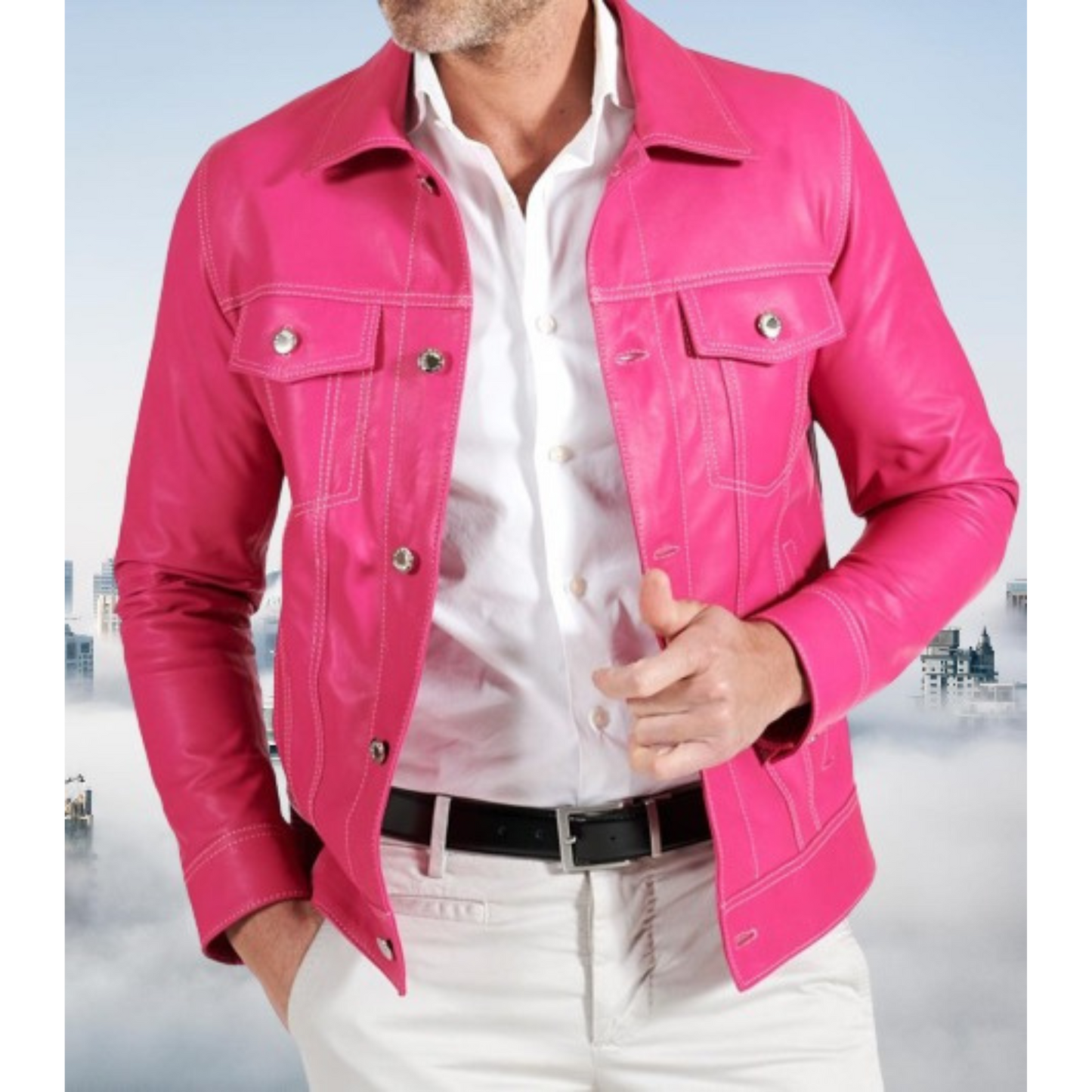 Men's classic Pink genuine leather trucker jacket from Hides & Cult, featuring white contrast stitching. Model with hands in pockets, showcasing fit and texture.