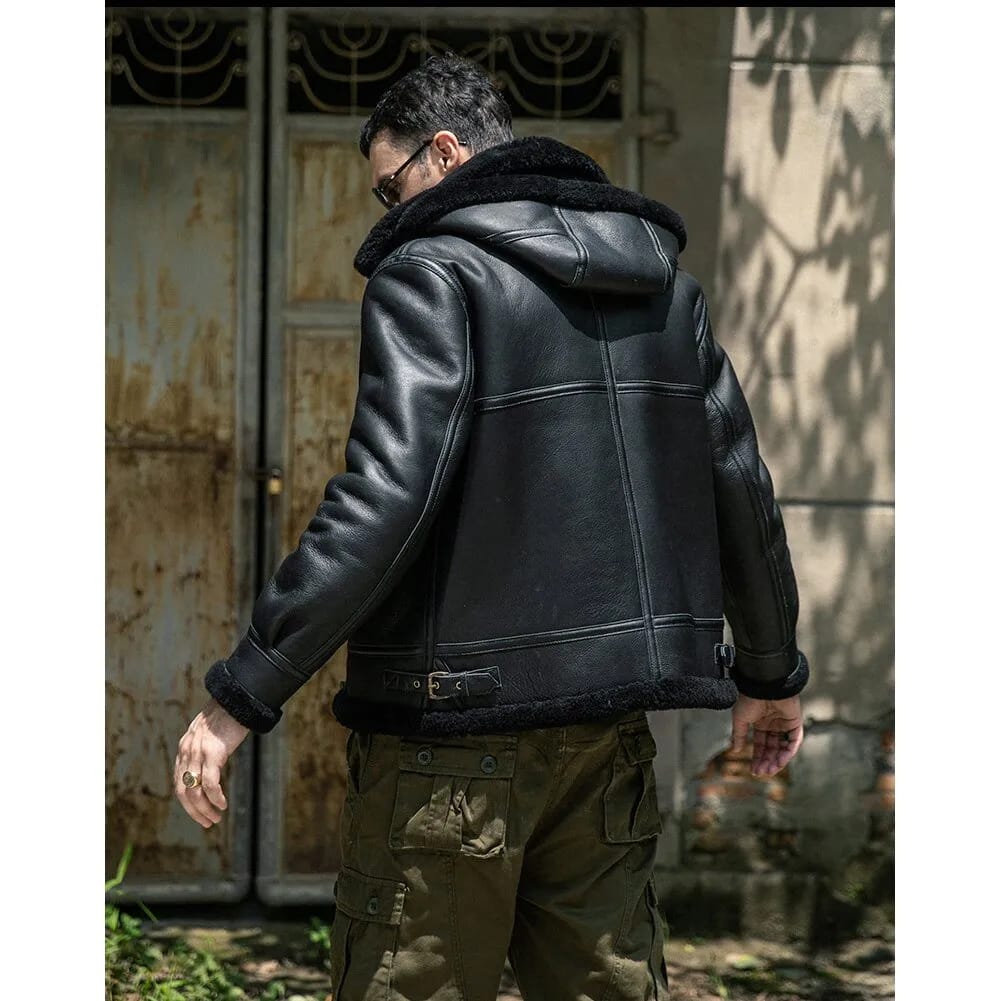 Mens Black Aviator Pilot Real Lambskin Fur Shearling Coat back detailed image