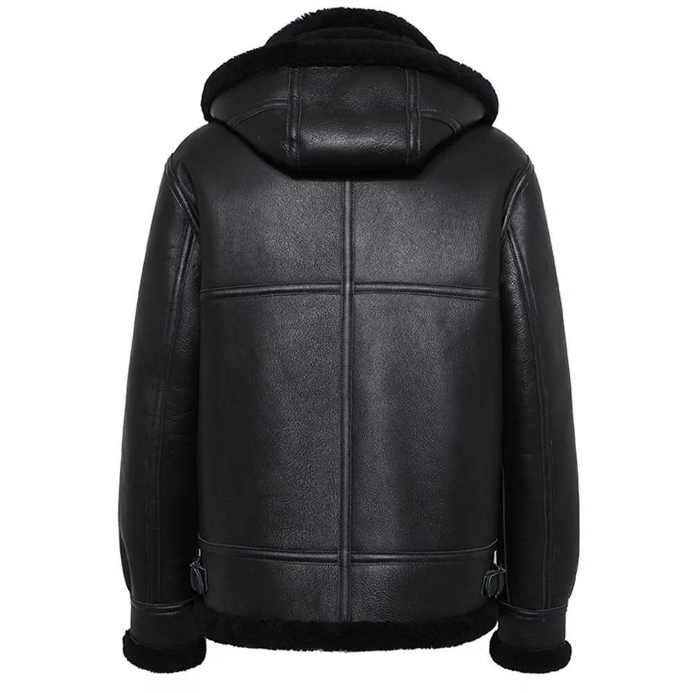 Mens Black Aviator Pilot Real Lambskin Fur Shearling Coat back image