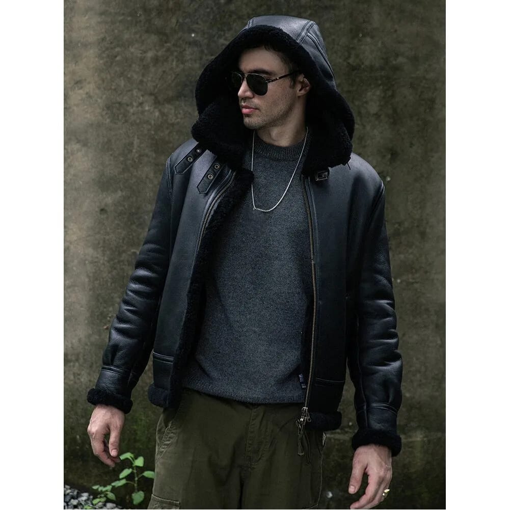Mens Black Aviator Pilot Real Lambskin Fur Shearling Coat front image