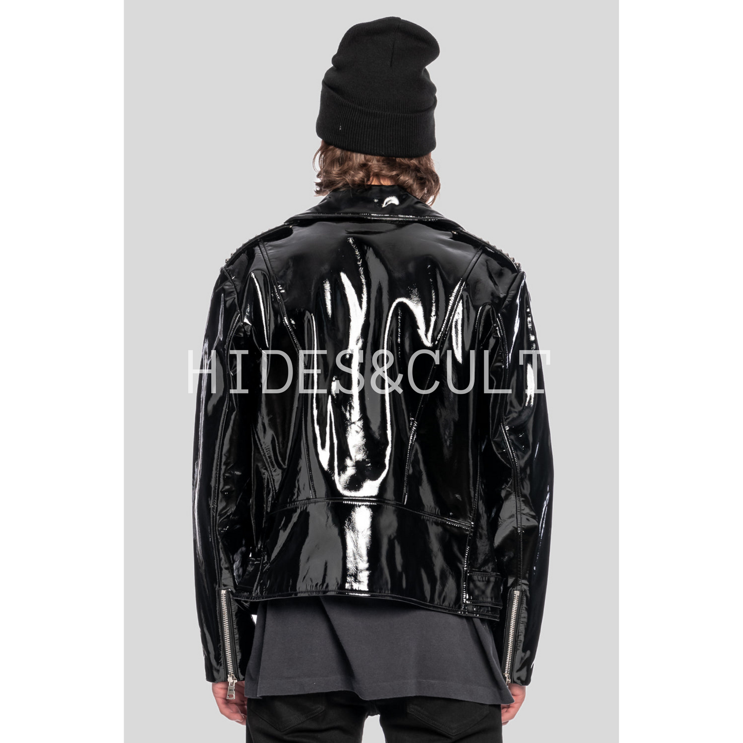 Mens Black Patent Motorcycle Biker Belted Leather Jacket back image