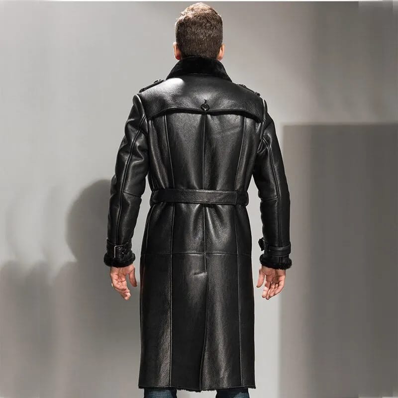 Mens Black Real Lambskin Fur Inside Belted Shearling Long Coat back image