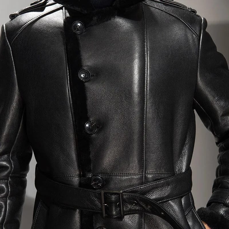 Mens Black Real Lambskin Fur Inside Belted Shearling Long Coat detailed image