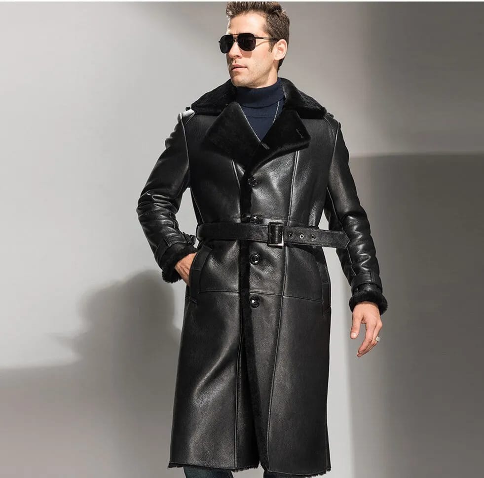 Mens Black Real Lambskin Fur Inside Belted Shearling Long Coat worn with front buttons closed