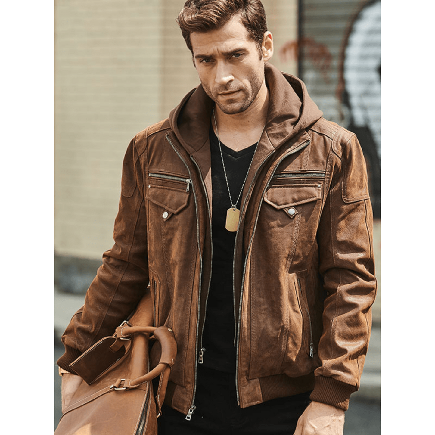 Mens Brown Suede Nubuck Bomber Style Motorcycle Leather Jacket with detachable Brown Fleece Hood front image