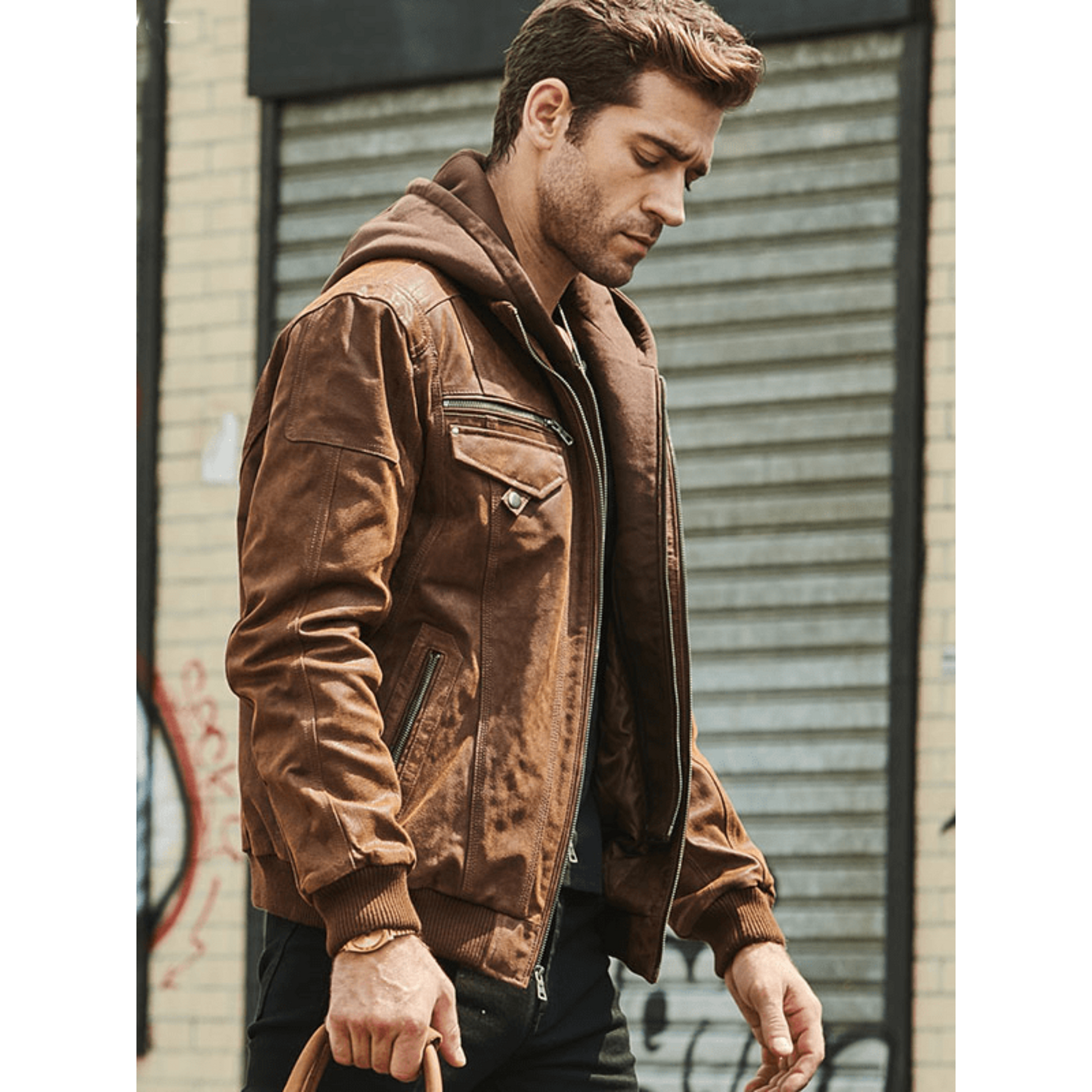 Mens Brown Suede Nubuck Bomber Style Motorcycle Leather Jacket with detachable Brown Fleece side detail image