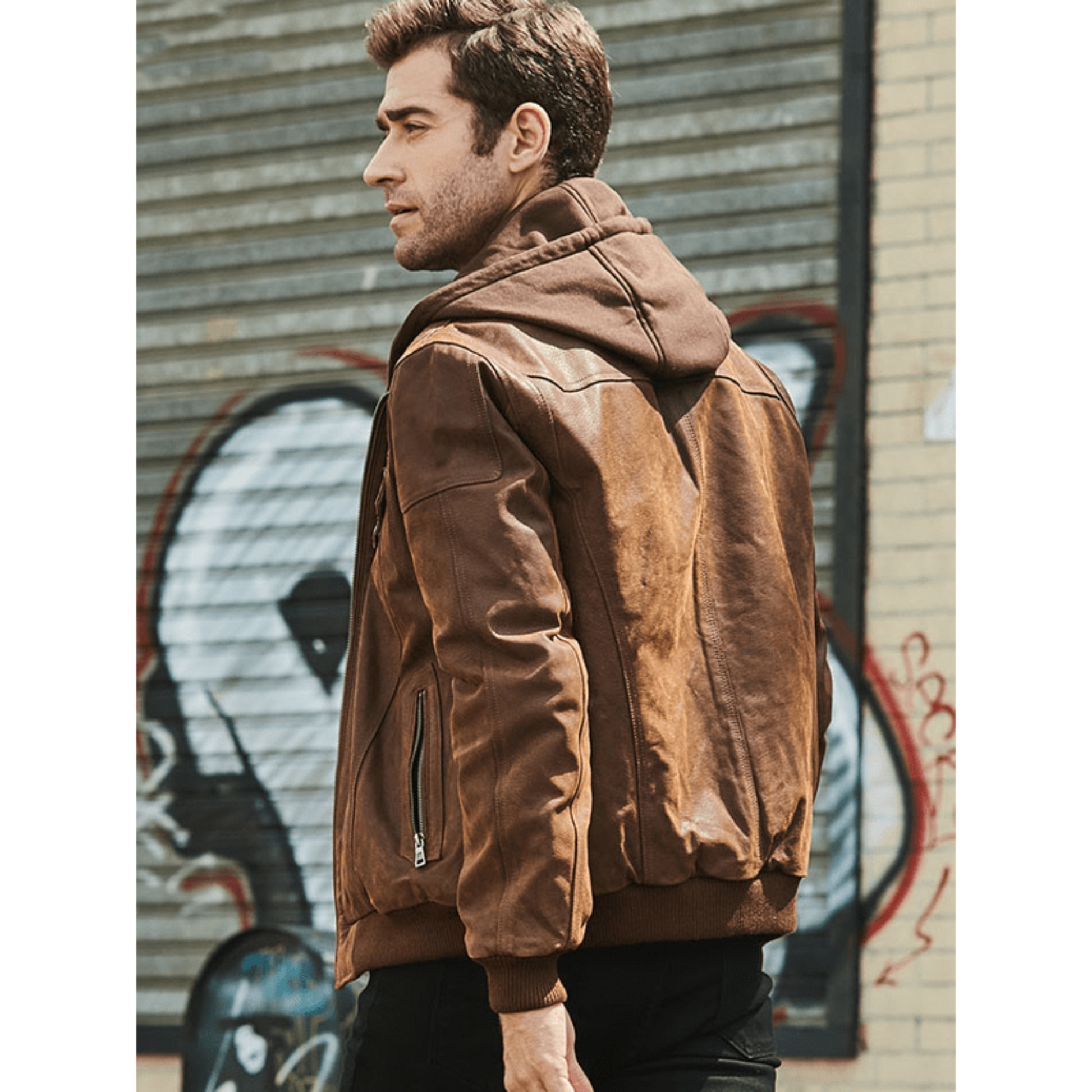 Mens Brown Suede Nubuck Bomber Style Motorcycle Leather Jacket with detachable Brown Fleece side image