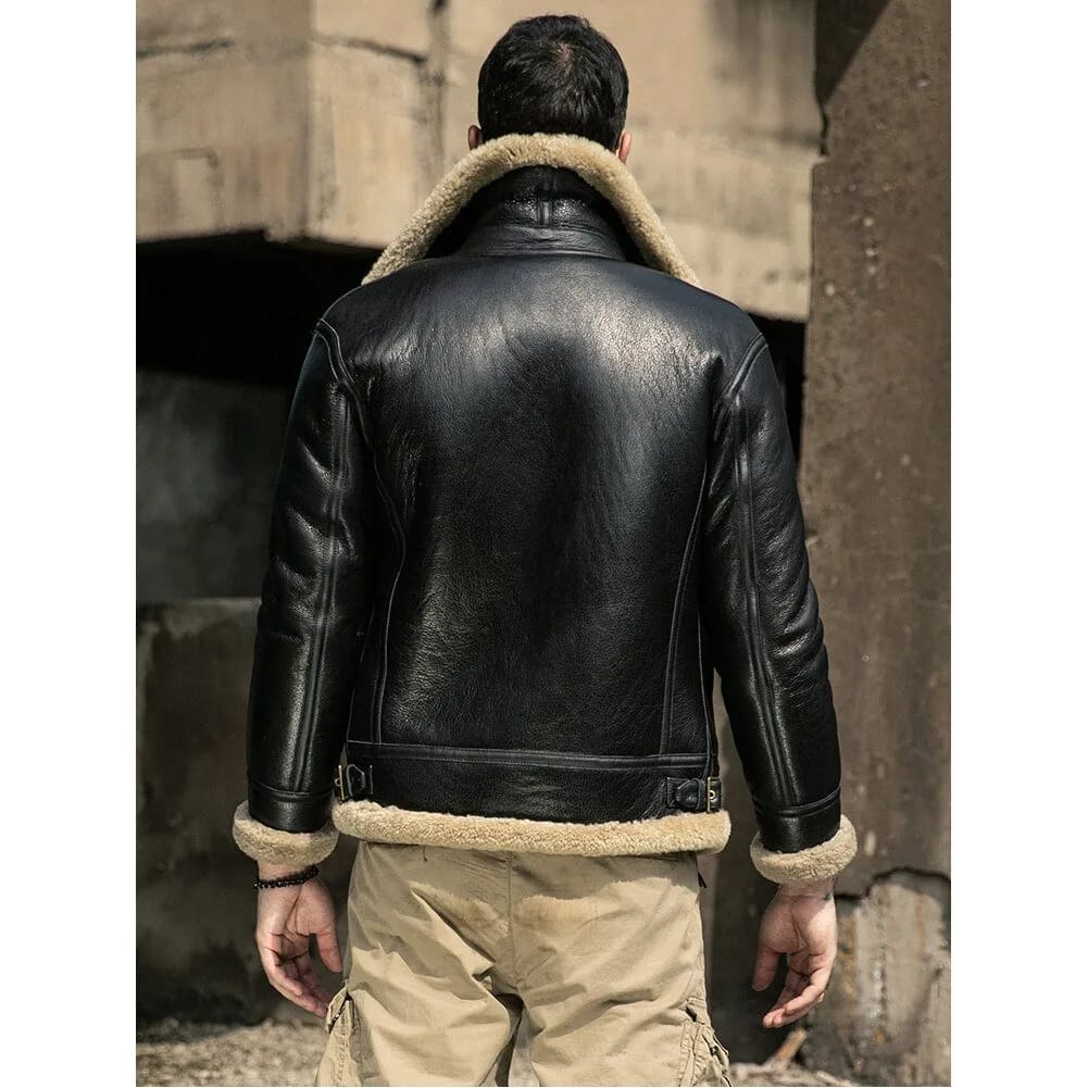 Mens Dark Brown B3 Aviator Pilot Real Lambskin Fur Shearling Coat worn back image