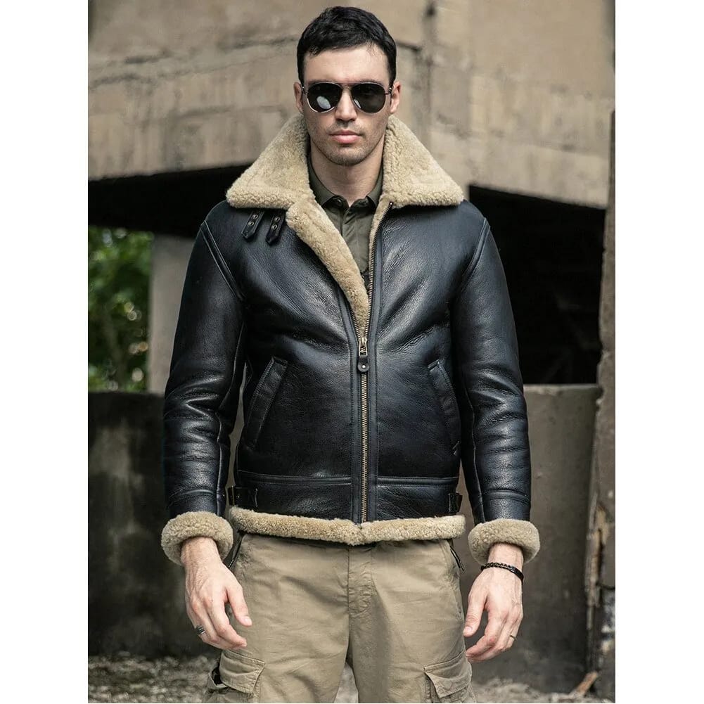 Mens Dark Brown B3 Aviator Pilot Real Lambskin Fur Shearling Coat worn with front zip closed
