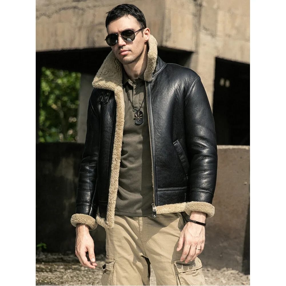 Mens Dark Brown B3 Aviator Pilot Real Lambskin Fur Shearling Coat worn with front zip opened