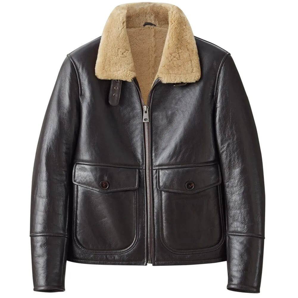 Mens Dark Brown Real Lambskin Fur Aviator Pilot Shearling Coat detailed image