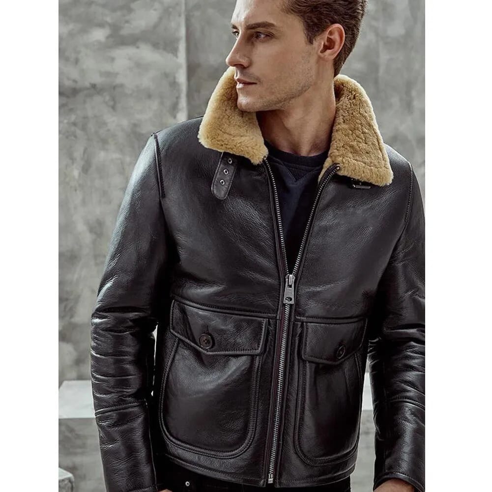 Mens Dark Brown Real Lambskin Fur Aviator Pilot Shearling Coat front image