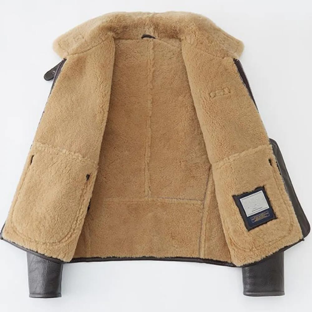 Mens Dark Brown Real Lambskin Fur Aviator Pilot Shearling Coat fur details