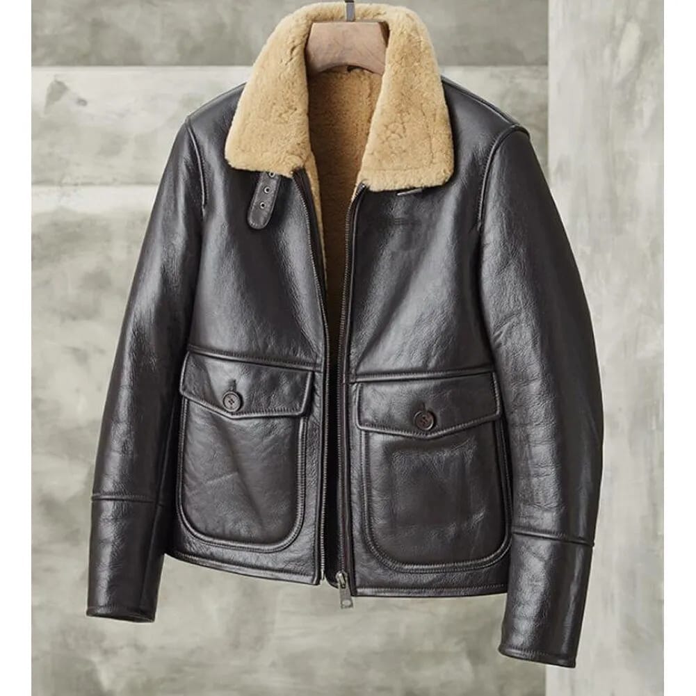 Mens Dark Brown Real Lambskin Fur Aviator Pilot Shearling Coat side detailed image