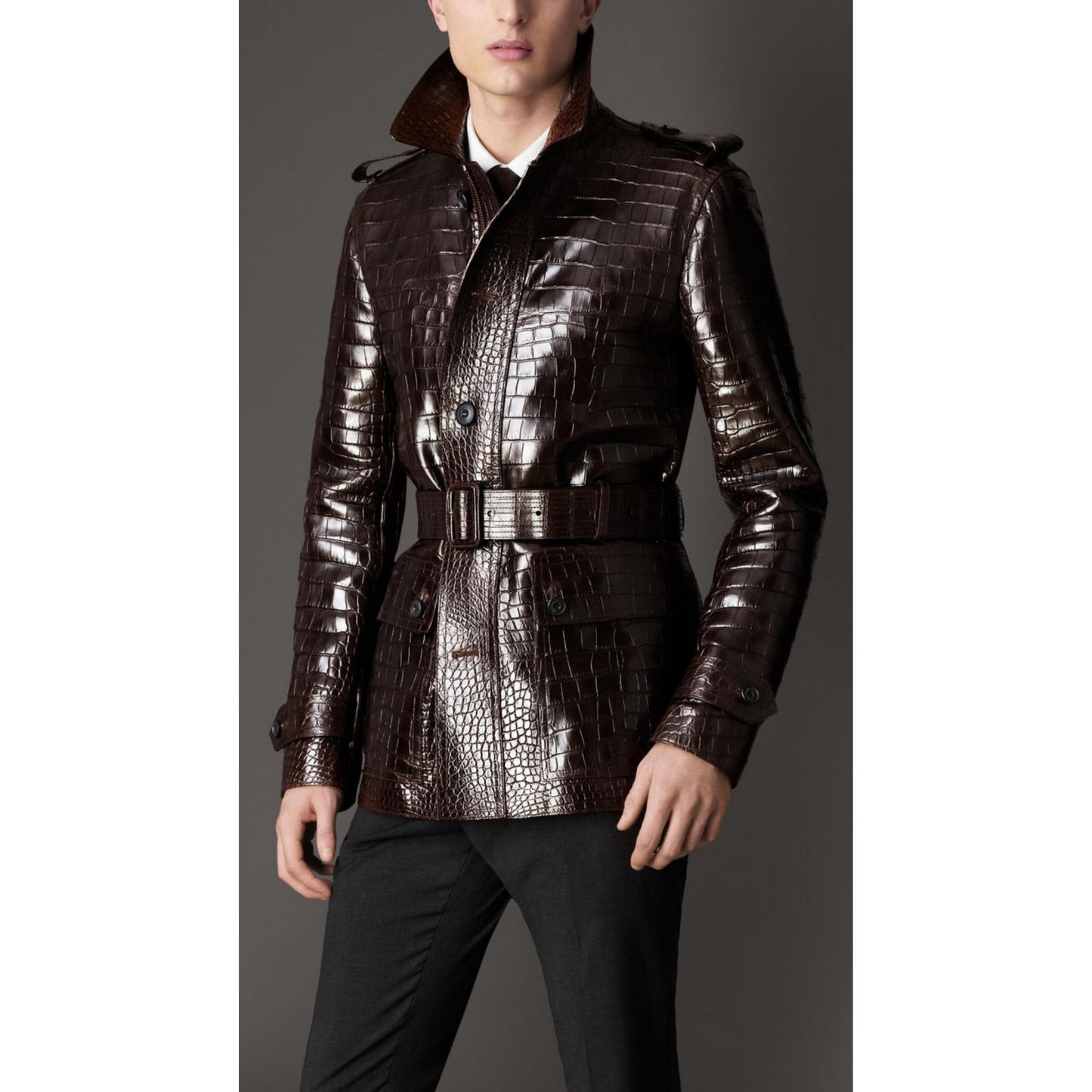 Model wearing Men's Rich Brown Croc Embossed Leather Belted Trench Coat β Full look highlighting texture, fit, and urban luxury styling.