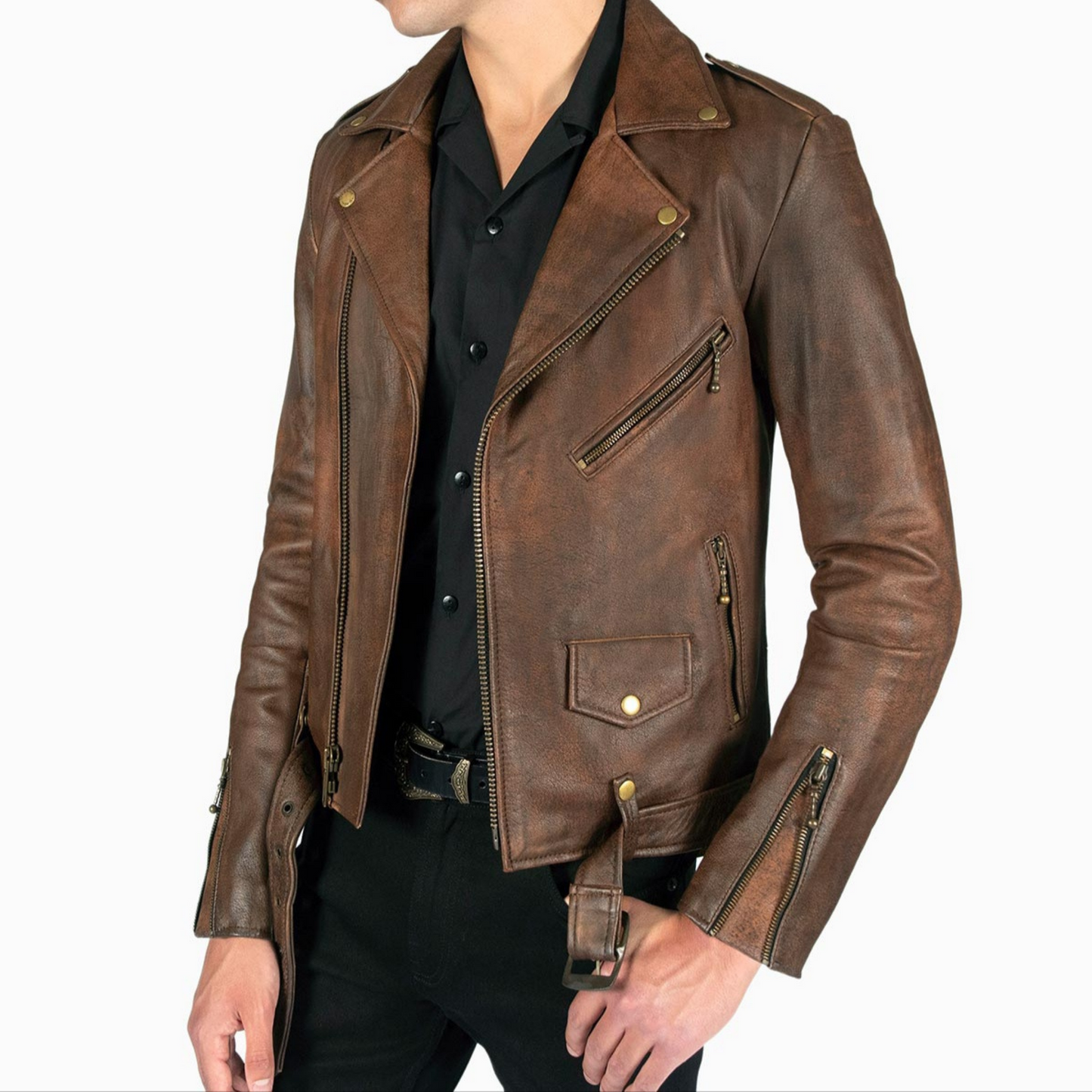 Side profile of men's vintage brown slim fit belted motorcycle leather jacket with zipper details