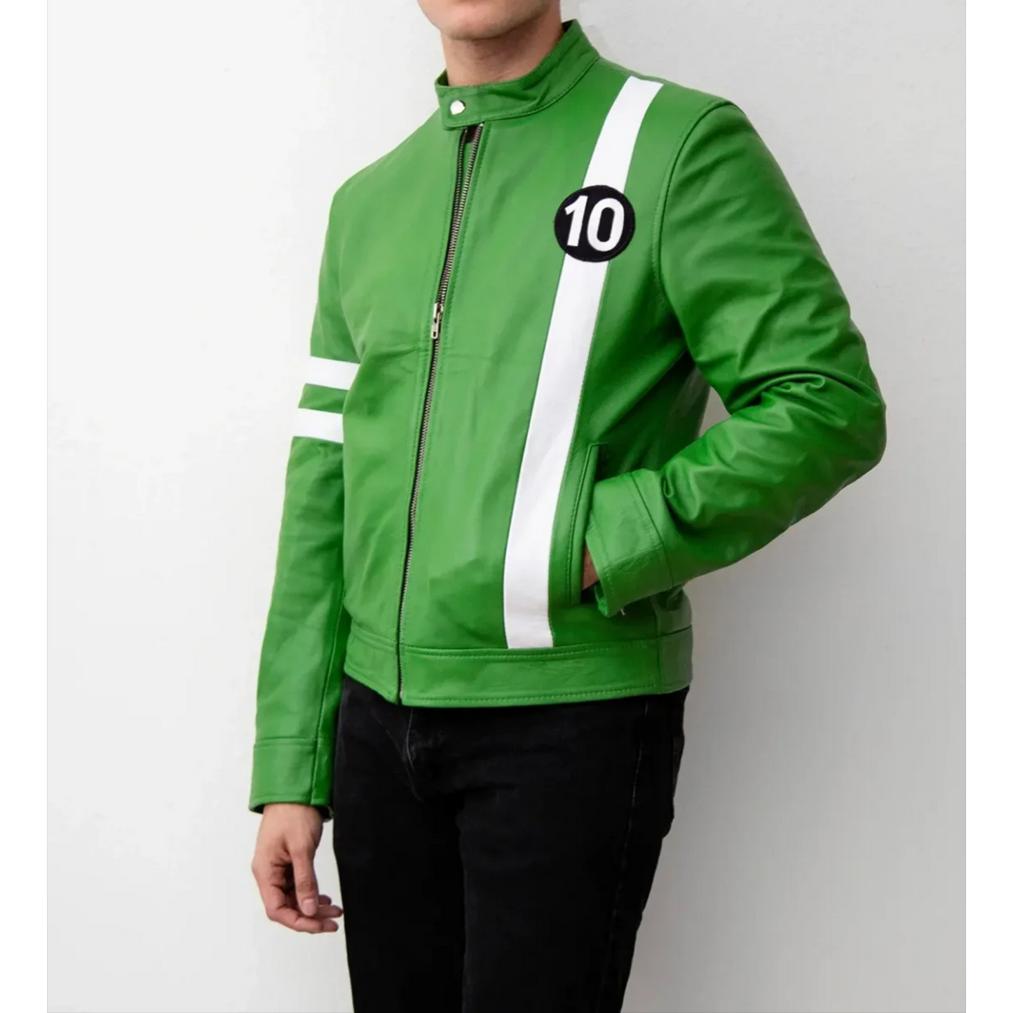 Side view of Men's Ben 10 Inspired Leather Jacket β Trendy leather jacket featuring a unique Ben 10 design with durable construction and comfortable fit