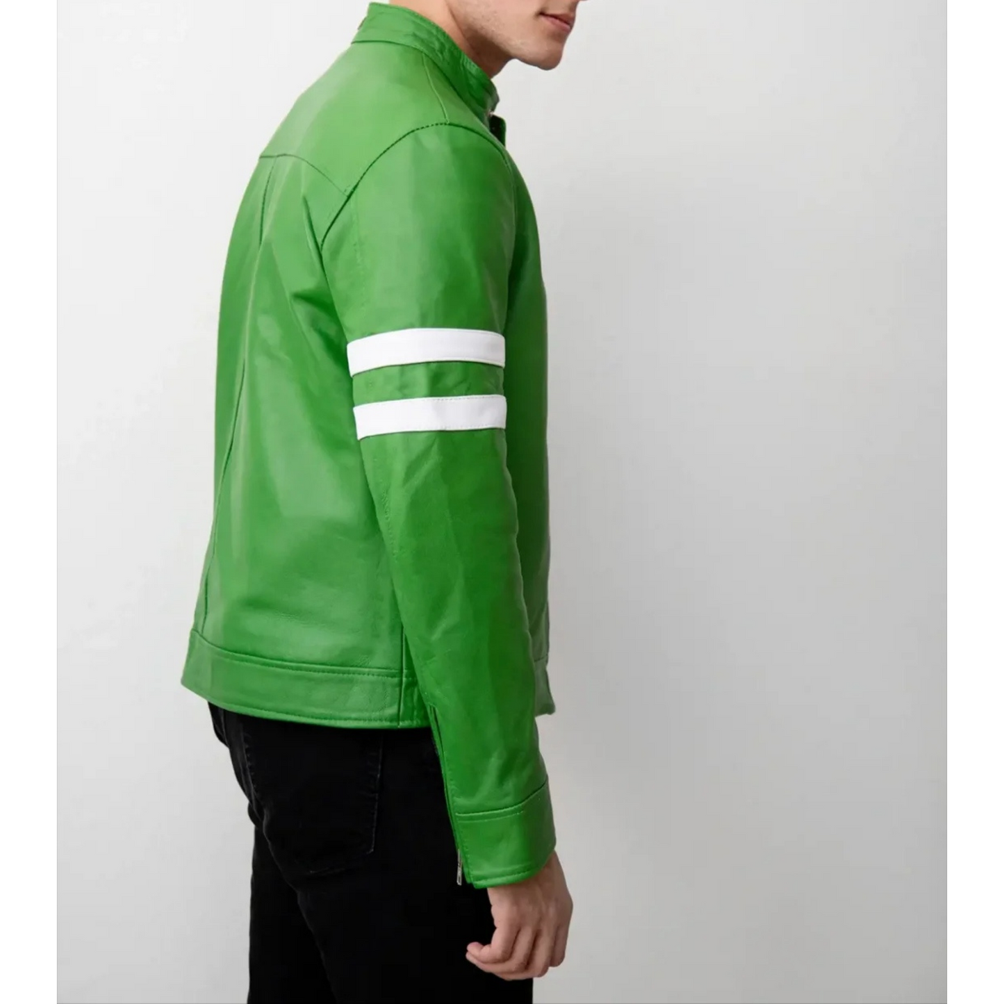 Side view of Men's Ben 10 Inspired Leather Jacket β Trendy leather jacket with dynamic Ben 10 design, offering a sleek fit and fan-inspired style.