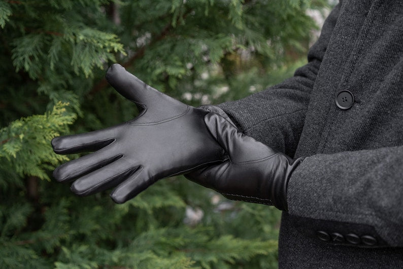 Mens Black Rabbit Furr Lined Genuine Leather Gloves