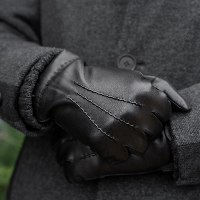Mens Black Rabbit Furr Lined Genuine Leather Gloves