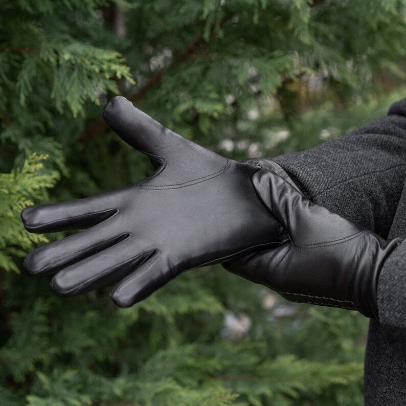 Mens Black Rabbit Furr Lined Genuine Leather Gloves