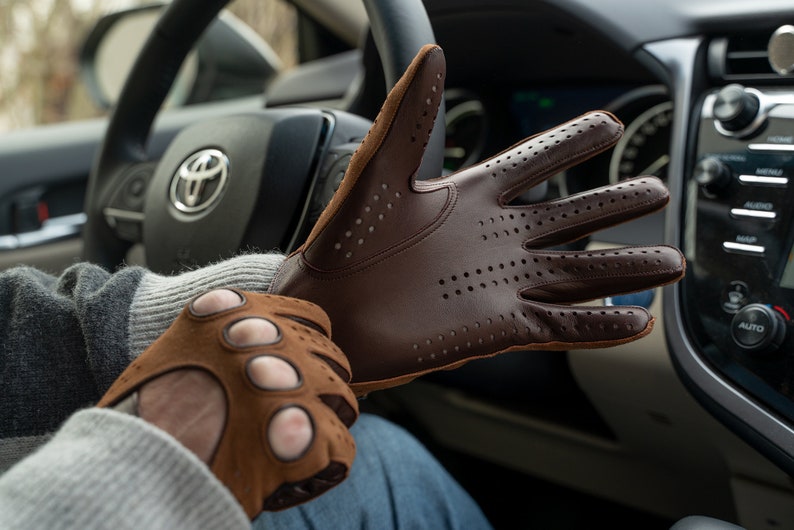 Mens Brown Suede - Nappa Leather Driving Gloves