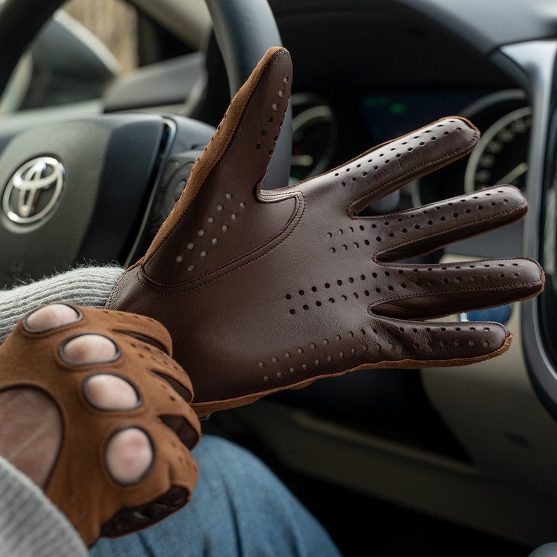 Mens Brown Suede - Nappa Leather Driving Gloves