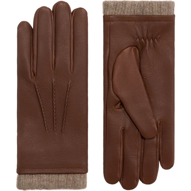 Brown Wool Lined Bold Grain Leather Gloves for Men