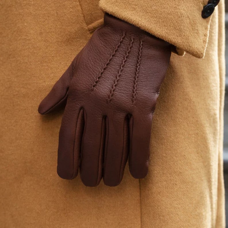 Brown Wool Lined Bold Grain Leather Gloves for Men