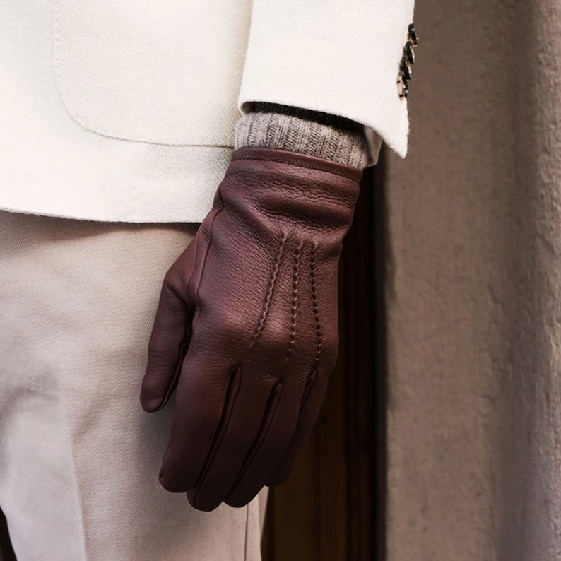 Brown Wool Lined Bold Grain Leather Gloves for Men