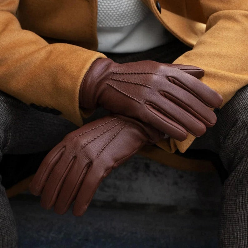 Brown Wool Lined Bold Grain Leather Gloves for Men