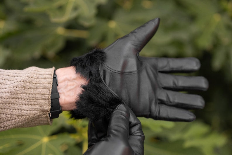 Black Rabbit Furr Lined Genuine Leather Gloves for Men