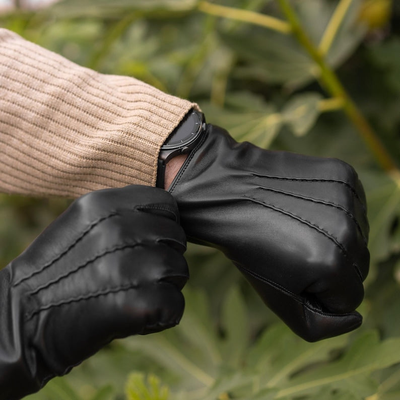 Black Rabbit Furr Lined Genuine Leather Gloves for Men